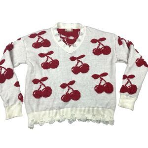 Altar'd‎ State Cherry Sherpa Distressed Sweater Womens Size XS Fun Whimsy Cozy